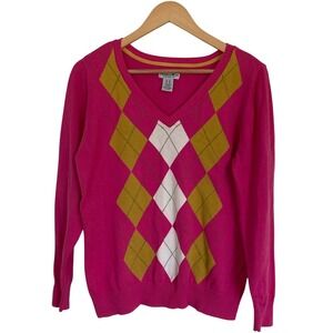Carribean‎ Joe Womens V Neck Cotton Argyle Pink Sweater Size XL Preppy Classic